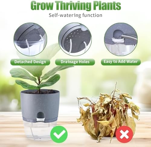 Oliz 6" Self Watering Pots for Indoor Plants, 6pk Grey w/Drainage Saucers - Image 4
