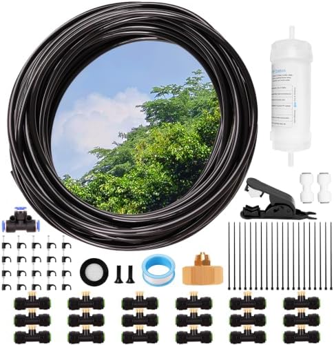Misting Cooling System, 52FT (16M) Misting Line + 18 Brass Mist Nozzles + Water Filter + Brass Adapter(3/4") Outdoor Mister for Patio Garden Greenhouse Trampoline Coop (Green) by Unknown