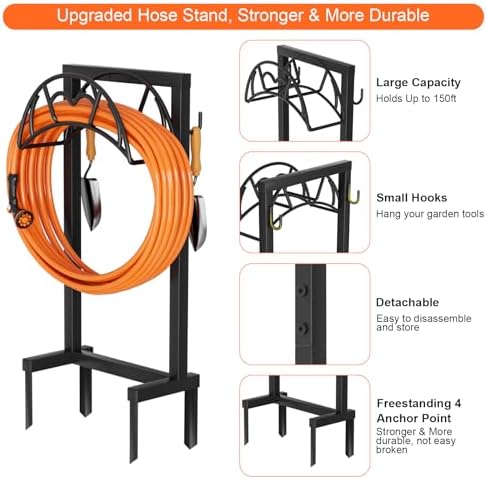 VyGrow Garden Hose Holder, Freestanding Heavy Duty Water Hose Holder for Outside, Upgraded Metal Hose Stand with 4 Spikes, Detachable Garden Hose Storage Hose Reel Rack, Black - Image 2