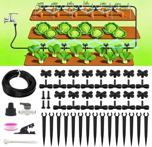 50FT Drip Irrigation System Kit Automatic Garden Watering System with 1/4" Drip Tubing & Quick Connect Fittings Adjustable Mist and Linear Columnar Modes for Greenhouse, Raised Garden Beds, Lawn, Yard by Unknown