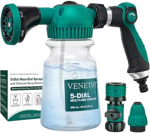 VENETIO 5-Dial Hose Attachment Spray Gun Pro with 6 Watering Patterns Nozzle and 30oz Refillable Bottle, Versatile Hose-End Garden Sprayer for Liquid Fertilizer, Weed Killer, Soap & Outdoor Cleaning by VENETIO