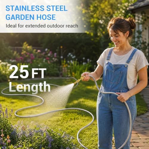 GarveeLife 25 FT Stainless Steel Garden Hose, Heavy-Duty Water Hose with Adjustable Brass Nozzle, No Kink & Leak-Resistant, Lightweight Flexible Hose for Lawn, Yard Watering, RV & Car Washing - Image 2
