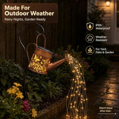 Solar Watering Can Lantern, Large Size, Butterfly Design, LED String Lights - Image 6