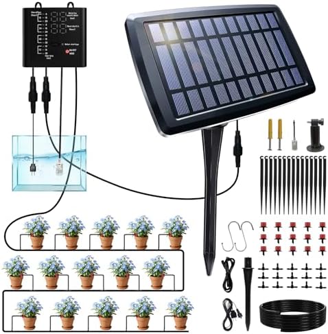 Irrigation System for Garden with Solar Panel, Automatic Drip Irrigation Kits 49FT Hose, Smart Timer Solar Irrigation System for Garden, Patio, Small Farm, Prevent Plants Wither (15 Pots) by Unknown