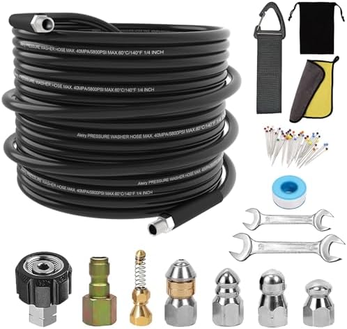Sewer Jetter Kit for Pressure Washer,Water Jet Drain Cleaning Hose with Corner Rotating Button Spring Nose 1/4" NPT Sewer Cleaning Tool High-Pressure Nozzles,5800 PSI 100 FT by ALEIRY