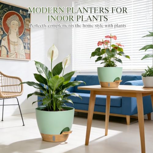 Plant Pots, 4 Pack 12/10/9/8 Inch Self Watering Pots with Drainage Holes, Water Level Indicator Deep Reservoir, Large Planters for Indoor Outdoor Plants - Green Brown - Image 6