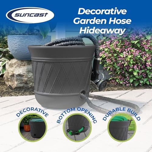 Suncast 4 Pack 14" x 12" Round Resin Decorative Weatherproof Outdoor Hideaway Standard Garden Hose Storage Pot with Drainage Holes, Gray - Image 2