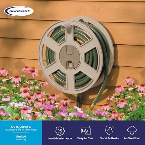 Suncast Sidewinder Wall Mount Garden Hose Reel, 100 Feet Capacity for 5/8 Inch Standard Vinyl Hosepipe, Light Taupe – Resin Water Line Holder for Lawn, Gardening and Outdoor Watering - Image 2