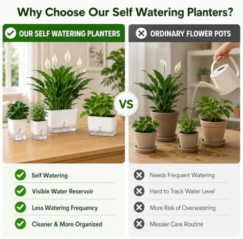 Planterhoma Self Watering Plant Pots for Indoor Plants 4.3 inch, 6 Packs Square Self-Watering Planters with Drainage Hole, White African Violet Pots for Devil's Ivy, Spider Plant, Orchid, Herb - Image 3