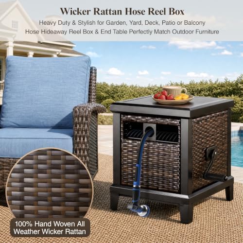 150FT Wicker Rattan Garden Hose Reel Hideaway Storage Deck Box, Metal Frame - Image 2