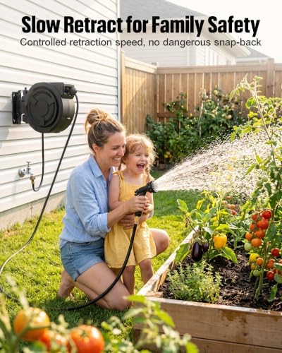 wikiwiki Retractable Garden Hose Reel 1/2 in x 50 ft, Heavy Duty Wall Mounted Hose Reel with 10- Function Sprayer Nozzle, Automatic Slow Return System/180°Swivel Bracket/UV Resistant (Black) - Image 3