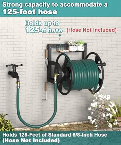 Artigarden Outdoor Wall Mounted Hose Reel with Hook, Garden Heavy-Duty Water Holder Winder with 3.9 ft Leader Hoses, Brass Fitting and Storage Basket for Yard, Holds 125 Ft of 5/8-Inch Hose, Black - Image 4