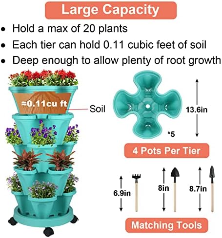 GameXcel Vertical Planter Tower - 5 Tier Stackable Garden Planters with Wheels and Tools Plant Pots for Strawberry Herb Flower and Vegetable Indoor Outdoor Use Teal - Image 4