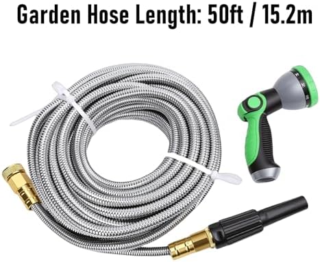Garden Hose with Sprayer Nozzle, 50ft Heavy Duty Stainless Steel Water Pipe, Anti Burst Flexible for Lawn Car Washing - Image 2