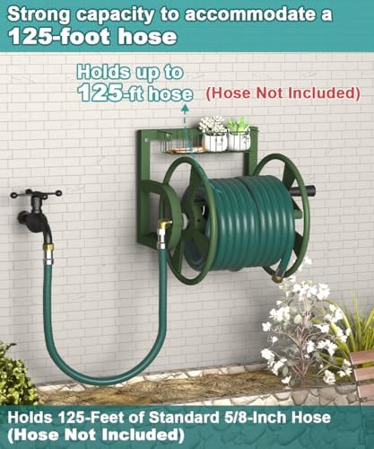 Artigarden Garden Wall Mounted Hose Reel, Outdoor Heavy-Duty Water Hose Holder Winder, Holds 125 Feet of 5/8-Inch Hose, with 3.9 ft Leader Hose, Water Fitting and Storage Basket for Yard, Green - Image 4