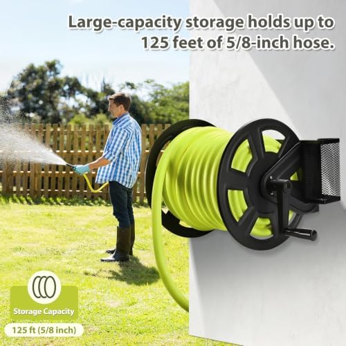 GADFISH Garden Wall Mounted Hose Reel, Metal Hose Reel, Holds 125ft of 5/8-Inch Hose(Not equipped), Equipped with 3.9ft Water Supply Hose and Small Storage Basket, Suitable for Gardens & Yards - Image 5