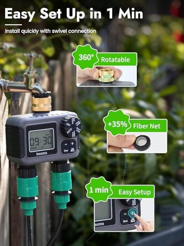 Insoma 2-Zone Hose Timer - Brass Inlet Dual Outlet Sprinkler Timer with Rain Delay/Manual/Auto Modes, 2-Outlet Water Timers for Garden/Greenhouse/Flower Irrigation, Durable Faucet Timers for Lawn Care - Image 6