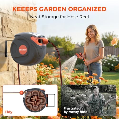 33ft Retractable Garden Hose Reel 1/2 inch, Compact Wall Mount Water Hose with Easy Rewind System, Space-Saving Hose Box for Small Patio, Deck & Balcony, 9-Function Nozzle Included - Image 2