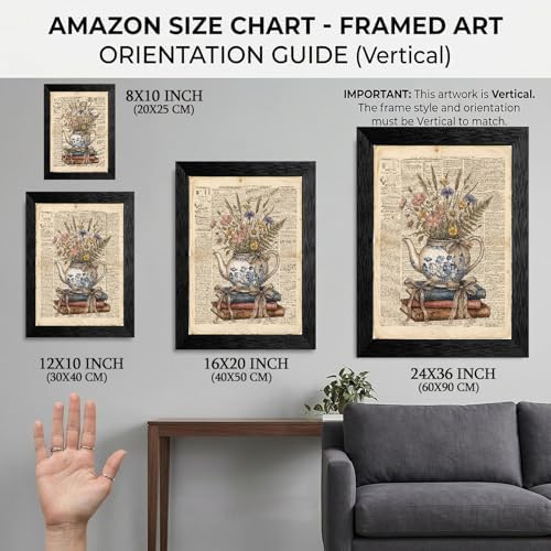 Framed Canvas Wall Art Vintage Teapot and Wildflowers Earthy Sepia Watercolor Book Page Canvas Print Poster Black Frame Wall Decor for Kitchen Bedroom Cottagecore Art, Rustic Decor - 24x36 Inch - Image 2