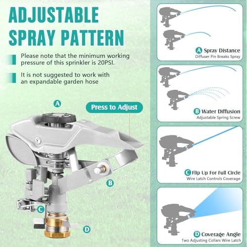 Jingmore Lawn Impact Sprinkler Heavy Duty Rotating Adjustable Pulsating Water Sprinkler Head with Metal Base, Adjustable Spraying Area and Distance for Garden Lawn Yard Irrigation (Blue,2 Packs) - Image 3