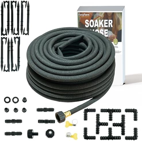 100FT Soaker Hose for Garden - 1/2" Diameter Heavy Duty Rubber Drip Irrigation Kit - Save 70% Water for Lawn/Flower Beds/Vegetable/Shrubs/Hedges by FangFarm