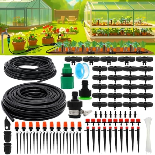 Drip Irrigation System, 100FT Drip Irrigation Kit for Garden - 50FT Main & 50FT Branch Tubing, Adjustable Nozzles for Drip or Mist Cooling, Irrigation System for Garden, Lawn, Patio, Raised Bed by PETUOL
