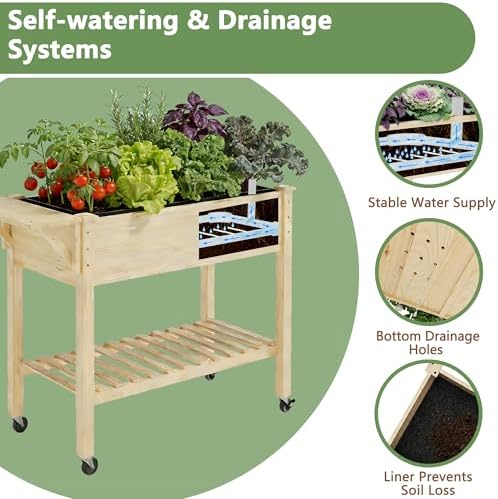 Raised Garden Bed with Legs and Wheels, Self-Watering System, 34x18x30in Elevated Planter Box with Storage Shelf & Liner for Flowers Vegetables Herbs, Raised Bed for Outdoor/Balcony/Patio - Image 5