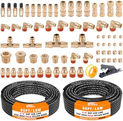 CheeMuii 72 PCS Brass DOT Air Line Fittings with 1/4" & 3/8" DOT Air Hoses by CheeMuii