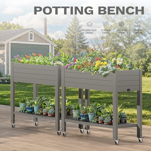 DWVO Raised Garden Bed Kit, 3.6 x 1.5 x 2.8 FT Outdoor Plastic Planter Box with Wheels and Legs, Garden Box with Drain Plug & Storage Shelf for Planting Vegetables, Flowers, and Herbs, Light Brown - Image 5