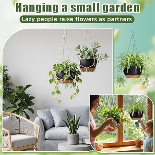 Sliner Set of 4-10 Inch Self Watering Hanging Planters Includes Hanging Pots and Outdoor Hanger Plant Pots with Drainage Holes 2 Types of Hanger Basket Hooks for Patio Garden(Black Brown) - Image 3