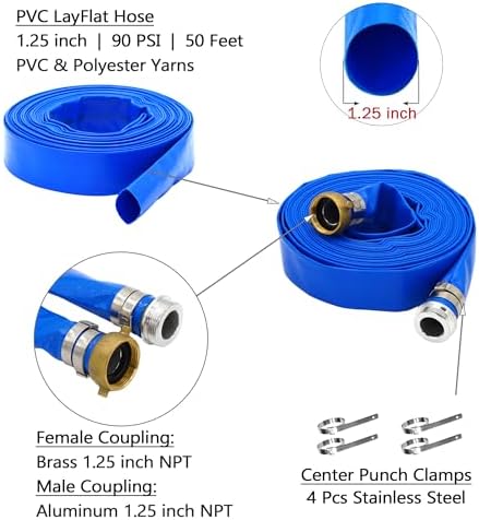 DAVCO 1.25" ID x 50 ft Pool Backwash Hose, Heavy Duty Reinforced Blue PVC Lay Flat Water Discharge Pump Hoses For Swimming Drain Pools and Clean Filters, With Aluminum Pin Lug Fittings - Image 3
