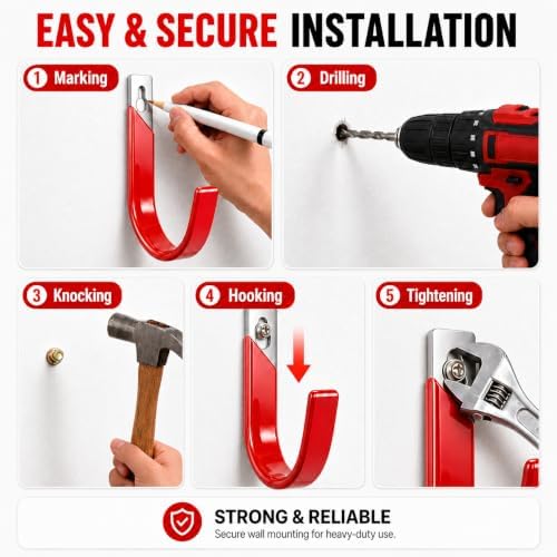 6 Pack Metal Garage Hooks, Heavy Duty Hose Hanger Wall Mounted Utility Storage Hooks for Outside Yard, Sturdy Hose Reel for Water Hose, Brooms, Ladders, Garage Storage - Image 4