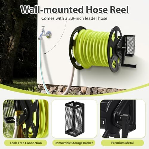 GADFISH Garden Wall Mounted Hose Reel, Metal Hose Reel, Holds 125ft of 5/8-Inch Hose(Not equipped), Equipped with 3.9ft Water Supply Hose and Small Storage Basket, Suitable for Gardens & Yards - Image 4