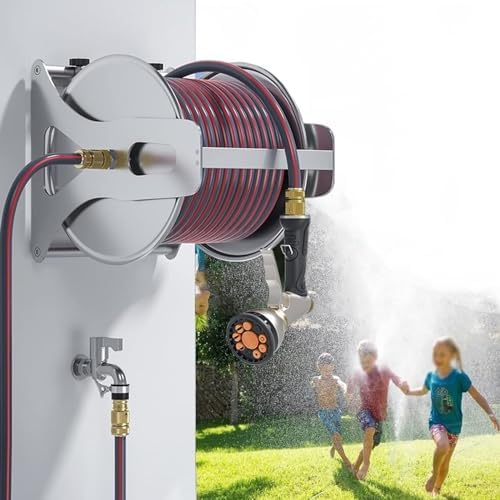 Stainless Steel Garden Hose Reel, Retractable Hose Storage Holder for Wall or Floor, Durable Metal Garden Reel with 10m Hose for Watering and Cleaning by Unknown