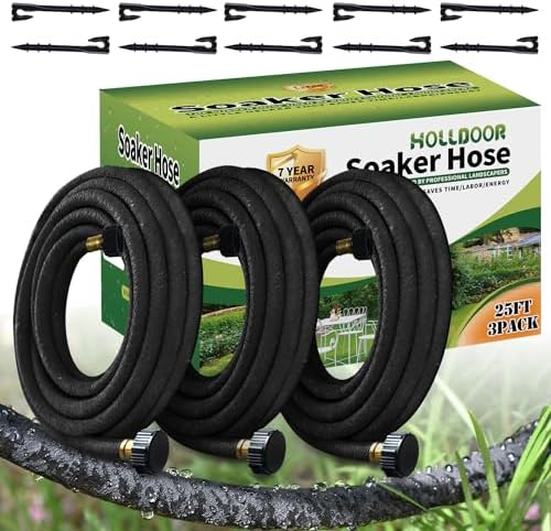 Soaker Hose 25 ft 3-Pack for Garden Beds with Kit, 1/2’’ Soaker Hose 75 ft Heavy Duty, 70% Water Saving Drip Hose Irrigation for Lawn, Landscaping, Garden (Black, 25 FEET x 3PACK) by Holldoor
