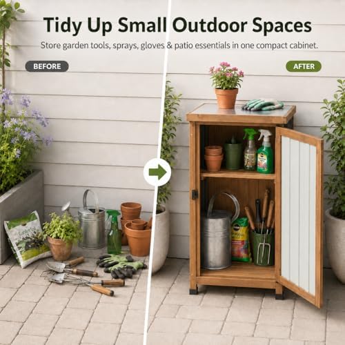 Ketive Outdoor Storage Cabinet with Metal Worktop, Small Garden Storage Cabinet with Adjustable Shelf, Weather-Resistant Fir Wood Tool Organizer for Patio, Backyard, Porch or Balcony - Image 3