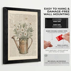 Framed Canvas Wall Art Vintage Mixed Media Watering Can Daisies Muted Watercolor on Newspaper Canvas Print Poster Black Frame Wall Decor for Living Room Cottagecore Art, Rustic Decor - 24x36 Inch - Image 3