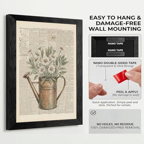 Framed Canvas Wall Art Vintage Mixed Media Watering Can Daisies Muted Watercolor on Newspaper Canvas Print Poster Black Frame Wall Decor for Living Room Cottagecore Art, Rustic Decor - 16x20 Inch - Image 3