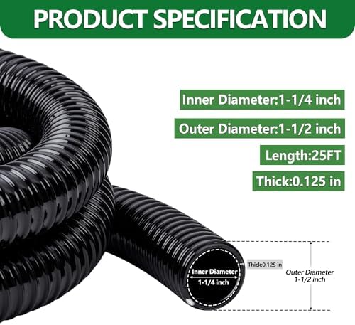 1-1/4" ID Pond Tubing 25ft Black, Reinforced PVC Corrugated Hose - Kink-Proof, Includes 1 Stainless Steel Clamp & 1.25" Barbed x NPT Male Adapter for Ponds, Waterfalls, Pumps, Filters & Drainage - Image 2