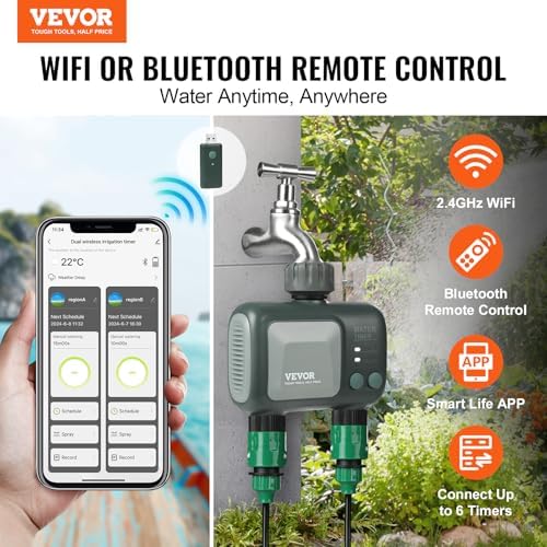 VEVOR Sprinkler Timer WiFi Water Timer, 2 Outlets, Smart Hose Faucet Water Timer with Brass Inlet, APP Remote Control via 2.4Ghz WiFi or Bluetooth, Voice Control, IPX6 for Garden, Yard Watering - Image 2