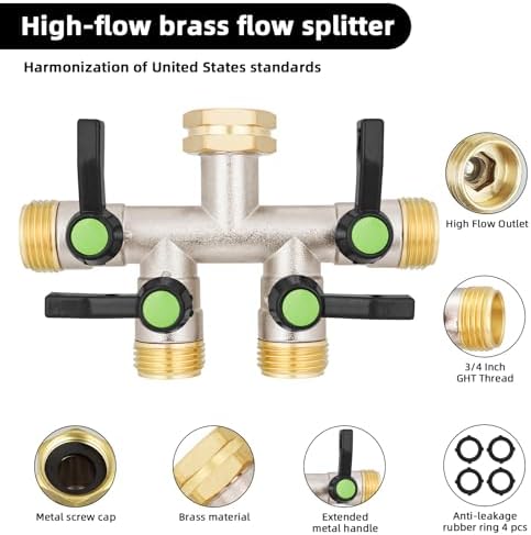 EJW 4 Way Garden Hose Splitter, Heavy Duty Garden Hose Splitter, High Flow Garden Hose Splitters, Fitting 3/4” Brass Outdoor Hose Splitter, Garden Hose Adapter Connector,Water Hose Splitter. - Image 5