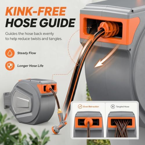 Retractable Garden Hose Reel, 130FT Wall Mounted Auto Rewind Water Hose Reel with 180° Swivel Bracket, Any Length Lock, Kink-Free Hose Guide, Multi-Pattern Spray Nozzle for Yard, Lawn & Outdoor - Image 4