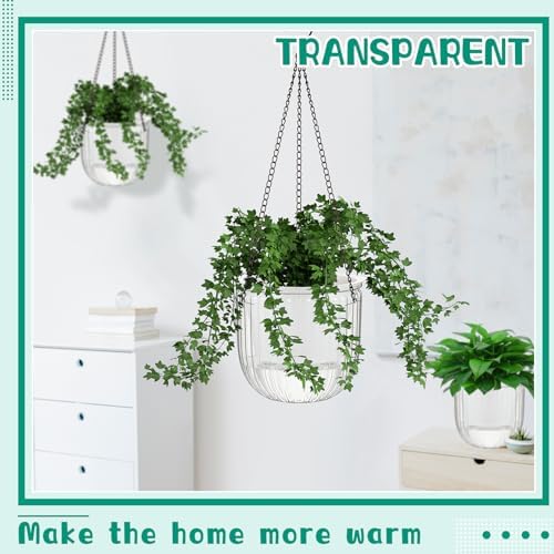 Meanplan 4 Pcs Self Watering Hanging Planter Indoor 6.5 Inch Hanging Baskets for Plants Outdoor Plastic Flower Pot with 3 Hooks Chains Drainage Holes for Garden Home, Medium Size(Clear) - Image 3