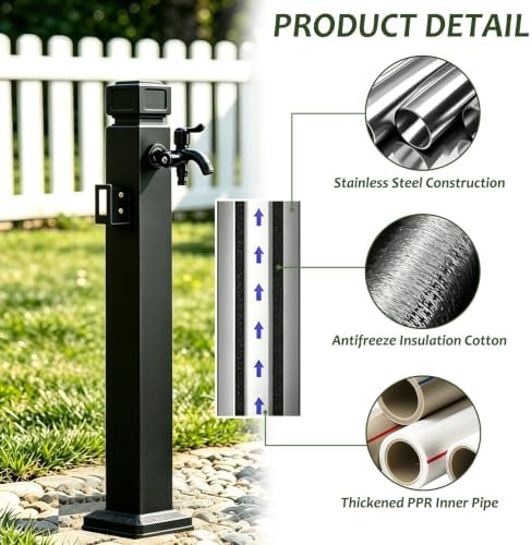 Outdoor Stainless Steel Water Column Spigot, Freestanding Garden Hose Holder with Brass Faucet, Matte Black Decorative Fountain Water Post for Irrigation Washing(D,Height: 95cm/37.4in) - Image 3