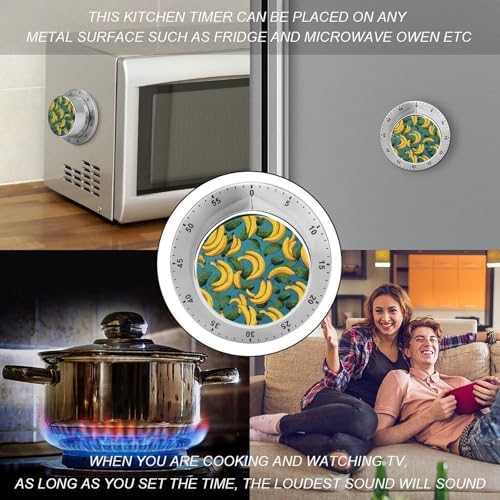 Mechanical Kitchen Timers for Cooking,Yellow Banana Printed 60 Minute Magnetic Countdown Timer,Cute Cooking Timers with Alarm,Stainless Steel Time Timer Manual No Batteries Required - Image 4