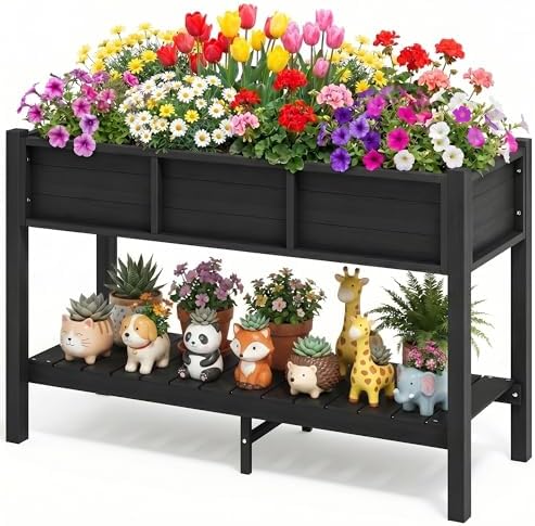 DWVO 48x18x30in Raised Garden Bed Kit, HDPE Planter Box Stand, Poly Wood Weather-Resistant Planter Box with Legs & Storage Shelf, Elevated Garden Bed for Backyard, Patio, Balcony,Black by DWVO