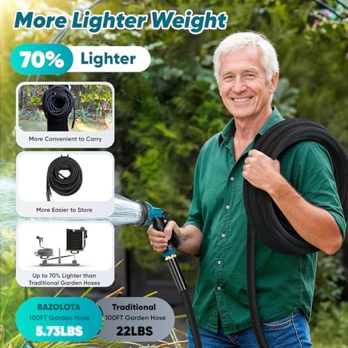 Garden Hose 100FT Non-Expanding, Lightweight Hose With 10-Function Nozzle, Leak-Proof No-Knot Easy to Carry Sturdy Flexible Water Hose for Yard Garden Outdoor（Light Black） - Image 2