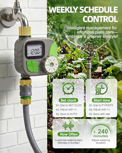 Brass Sprinkler Timer, IP55 Programmable Hose Water Timer with 3 Watering Program, Digital Watering System with Rain Delay & Manual Override, for Garden, Lawn, Yard Care - Green - Image 3