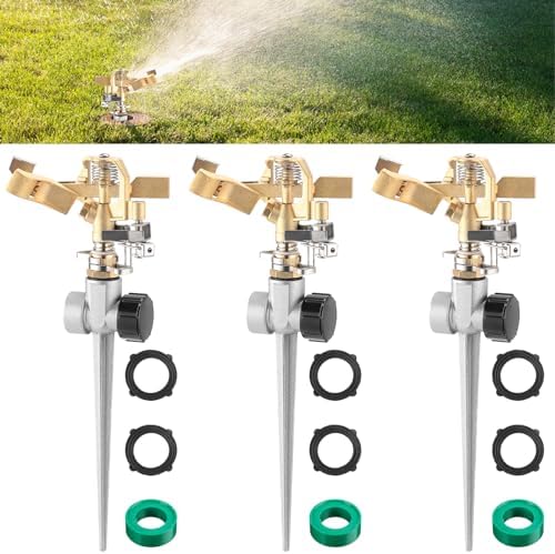 JaGely 3 Pcs Lawn Impact Sprinklers for Yard Heavy Duty Brass Water Sprinkler with Spike Base 360° Adjustable Lawn Irrigation Equipment for Large Area Garden Grass Yard Patio by JaGely