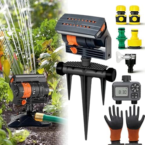 16-Nozzle Oscillating Sprinkler with Dual-Zone Sprinkler Water Timer, 360° 16-Hole Automatic Rocking Sprinkler, Turbo Orbit Mist Sprinklers System for Garden (Ground-Insert, with Dual-Zone Timer) by Unknown